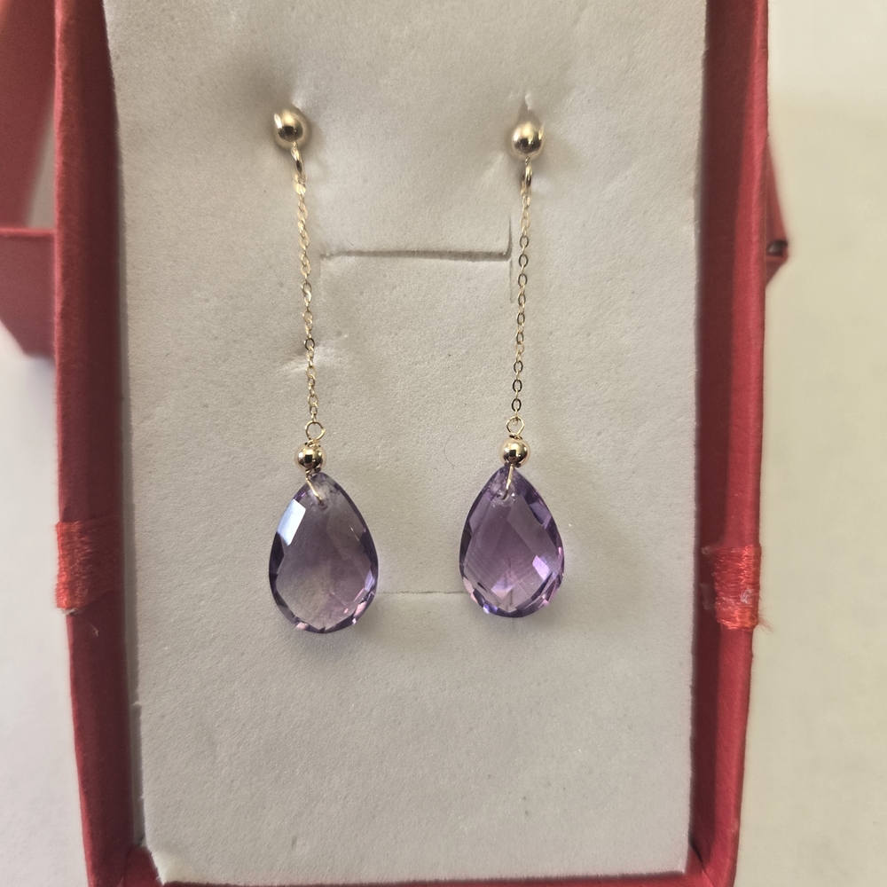 14K Solid Yellow Gold Semiprecious Amethyst Drop Earrings - - Picture 7 of 12